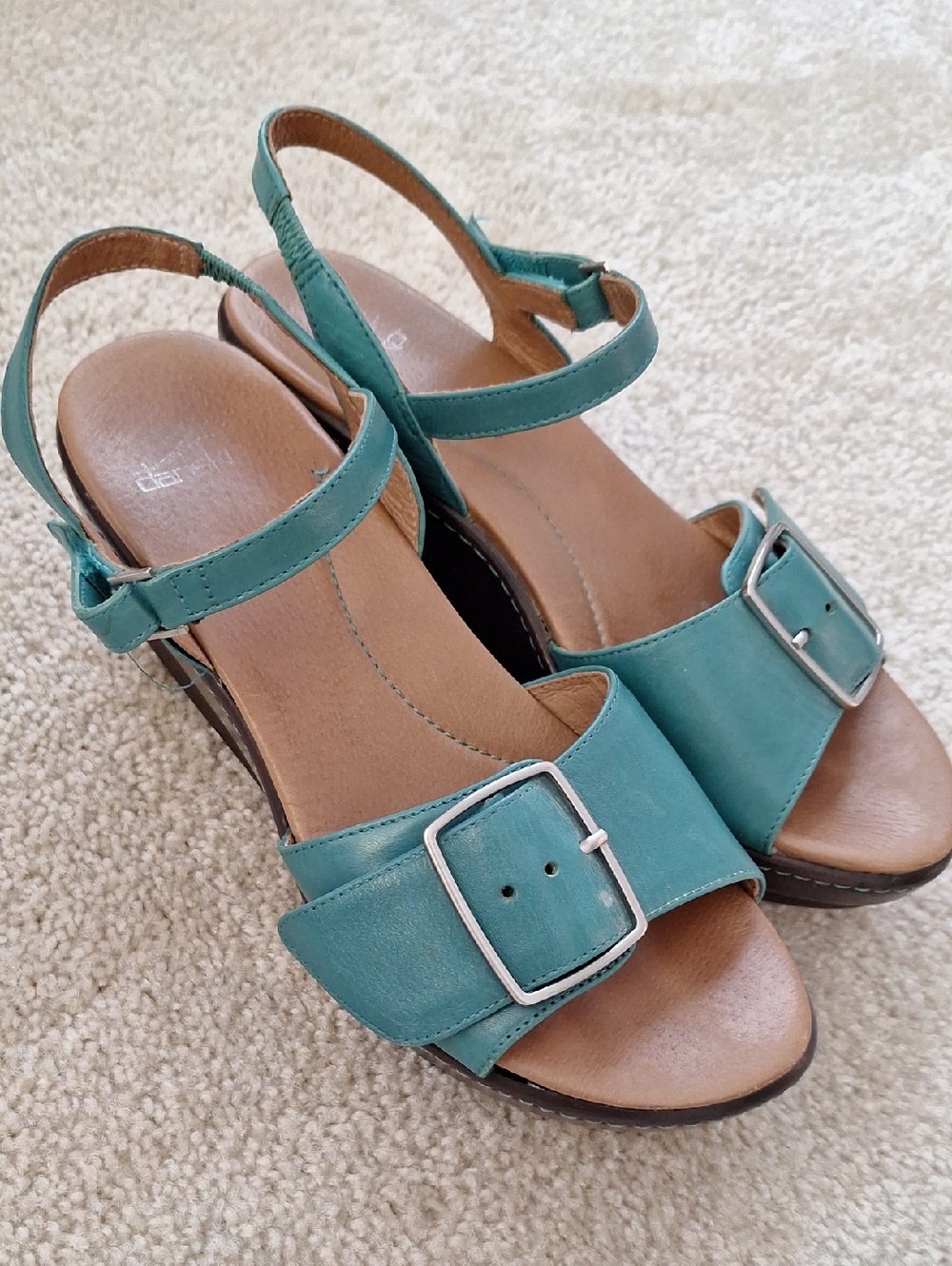 Dansko Teal Green Leather Buckle Slingback Sandals